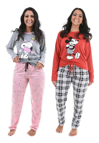 Kit 2 Pijamas De Frio Malha Feminino Adulto Inverno Atacado 