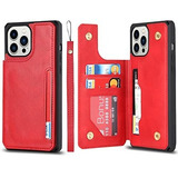 Funda Para iPhone 13 Pro Billetera Con Correa Cuero Rojo