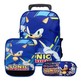 Mochila Masculina Infantil Rodinha Sonic Lancheira Estojo Jg