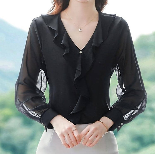 Camisa Blusa Social Feminina Elegante Luxo Babado A145