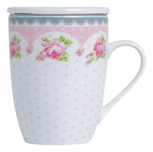 Caneca Ceramica Chá Com Tampa Infusor Romance Estampa Floral