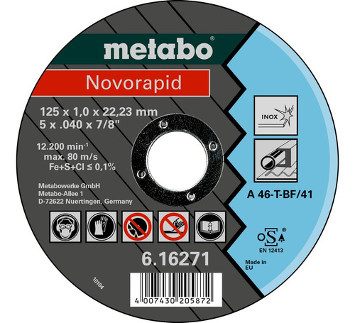 Disco De Corte Novorapid Metabo 115x1 Inox X5u