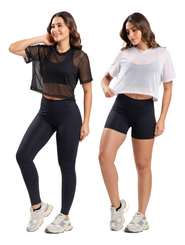 Kit 2 Blusas Tule Transparente Academia Feminina Fitness