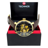 Relógio Technos Automatico Masculino Dourado Couro Marrom