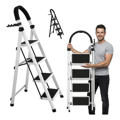Escalera De Acero Inoxidable Tipo Tijera Plegable 4 Peldaños Blanco\u002Fnegro | Meses sin interés