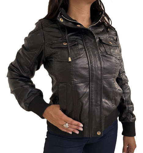 Campera Mujer Eco Simil Cuero Chaqueta Capucha Bolsillos 