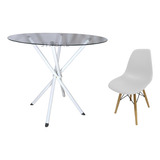 Mesa Vidro Redondo 90cm Base Italy + 1 Cadeira Eiffel Bgc