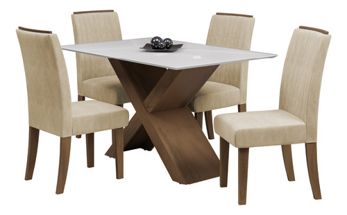 Conjunto De Mesa Tampo Com Vidro Grécia Off/bege/cedro