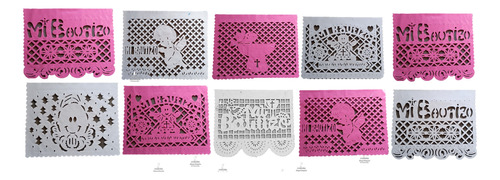 Decoracion Papel Picado Bautizo Rosa Blanco Paq 10 Tiras 5 M