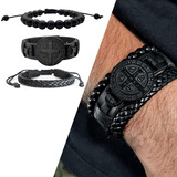  Pulseiras Masculinas Couro Kit C/03 São Bento Preto