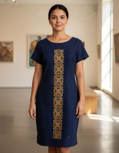 Vestido Artesanal Yucateco Con Bordado Izamal Marino Flame