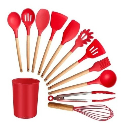 Kit Utensílios Cozinha Silicone Colher Copo Suporte 12 Peças