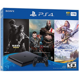 Sony Playstation 4 Slim 1tb Mega Pack: The Last Of Us Remastered/god Of War/horizon Zero Dawn Complete Edition Cor Preto 
