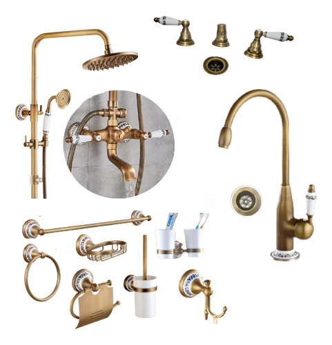 Set Completo Griferia Bronce Ducha+bacha+bidet+ Accesorios