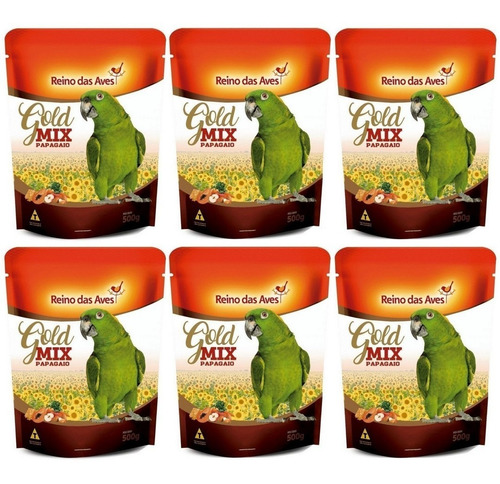 Kit 6un Ração Gold Mix Premium Papagaio 500g Reino Das Aves