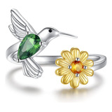 Anillo Colibrí Girasol Plata 925 Ajustable Regalo