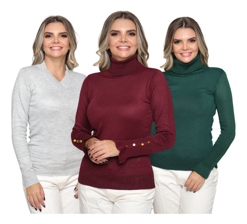 Kit 3 Blusas Sueter Tricô Manga Longa Tricot Lã Elastano 