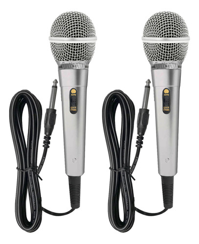 Microfone Duplo Karaoke Igreja Bar + 2 Cabos P10 3m Cor Prata E Prata