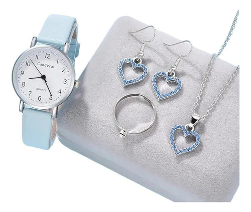 Set Reloj Para Mujer Corazón Azul Con Collar Aretes Reloj Da