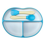 Prato Infantil Silicone 3 Divisórias + Garfo E Colher Bambu Cor Azul