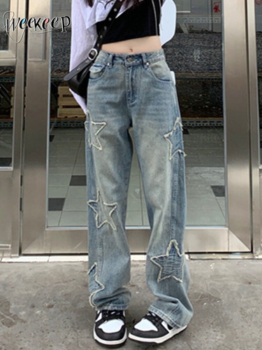 Jeans Y2k Star Patchwork Para Mujer, Ropa De Calle De Talle