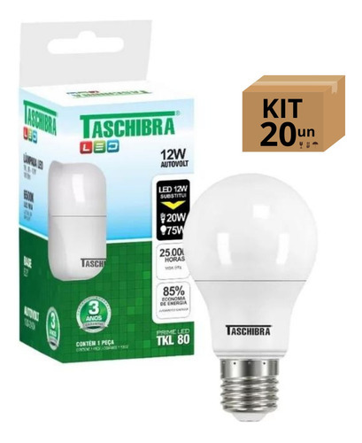 Kit 20 Lâmpadas Bulbo Led Taschibra Tkl Bivolt E27 12w 6500k Cor Da Luz Branco-frio 110v/220v