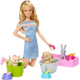 Barbie Play 'n Wash Pets - Muñeca Y Juego Con 3 Animales Que