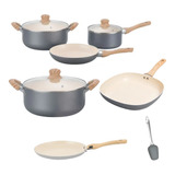 Set Hudson Gris Gray 9pz Cerámica Antiad Panq Wok Olla 26