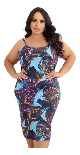 Vestido Plus Size Midi Estampado Tubinho Verão Escuro