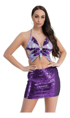 Conjunto Falda Bailarina Del Vientre Con Lentejuela Hawaiana