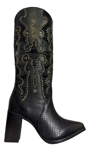 Bota Formal Cuadra Mujer Oval Pitón Negro Dorado Estoperoles