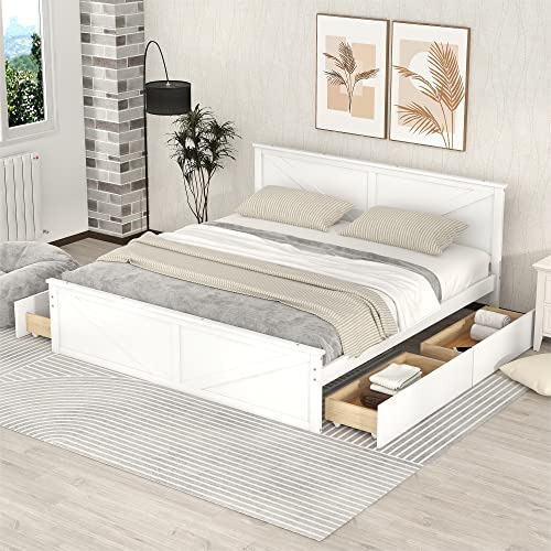 Cama Plataforma De Madera Tamaño King Con Cabecera Y Alm