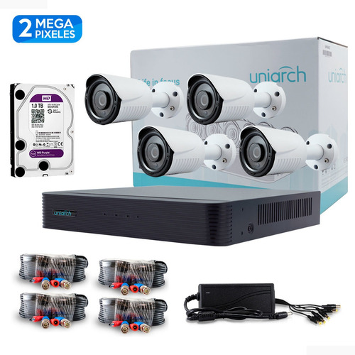 Kit Cctv 4 Cámaras 2mp Exterior Uniarch + Disco Duro 1tb Wd