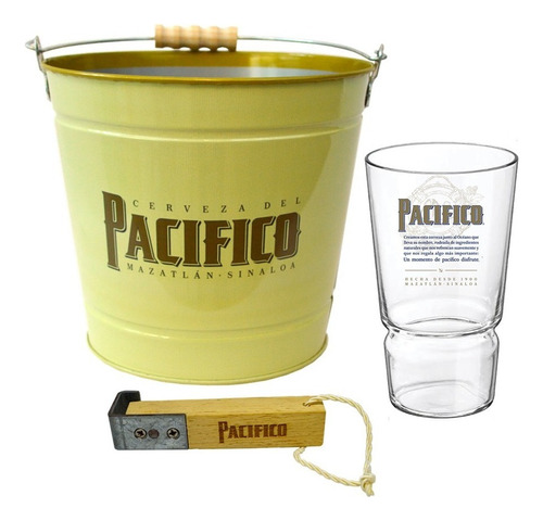 Pacífico Pack: 1 Cubeta + 1 Vaso + 1 Destapador De Madera Color Amarillo