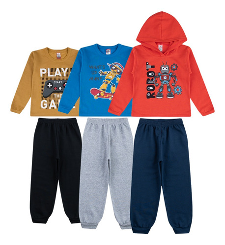 Kit 3 Conjunto Moletom Flanelado Inverno Infantil De Menino 