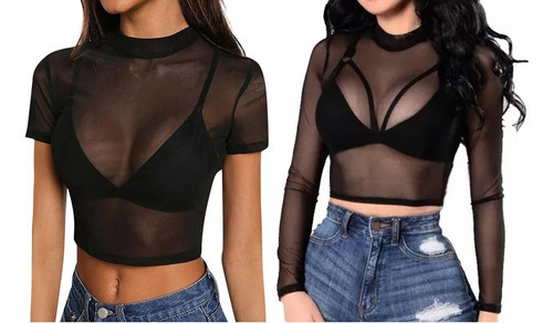 Croptop Manga Larga Y Corta De Mesh Transparente (kit 2 Pzs)