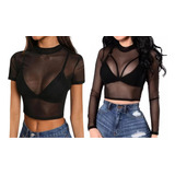 Croptop Manga Larga Y Corta De Mesh Transparente (kit 2 Pzs)