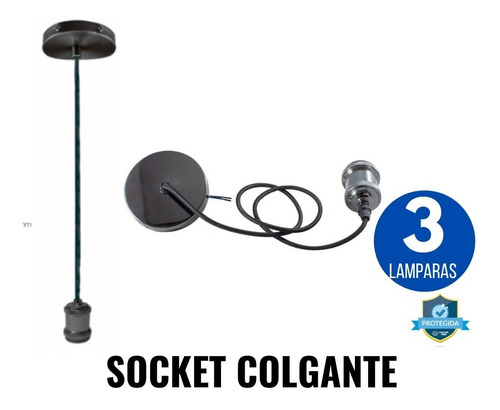 3 Lampara Socket Vintage Techo Con Cable Textil  90 Cms E27