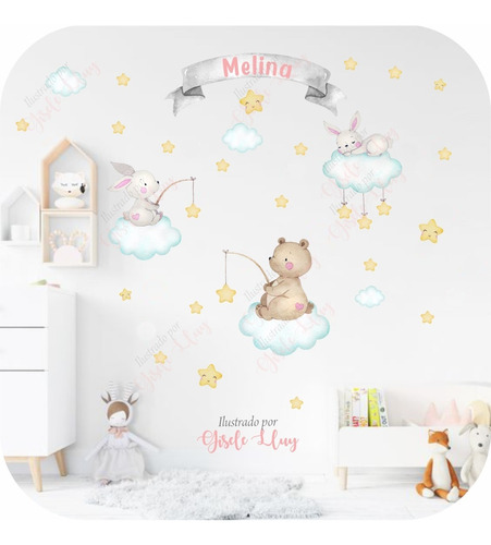 Vinilo Decorativo Infantil Animales Atrapando Estrellas Nena