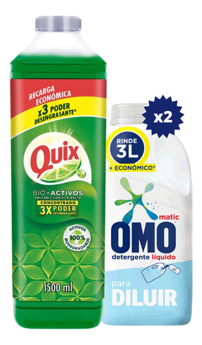  Detergente Liquido Para Diluir Omo 500ml X2 + Quix 1500ml