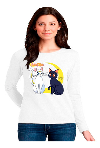 Polera Manga Larga 100% Algodón Diseño Sailor Moon Con Gatos