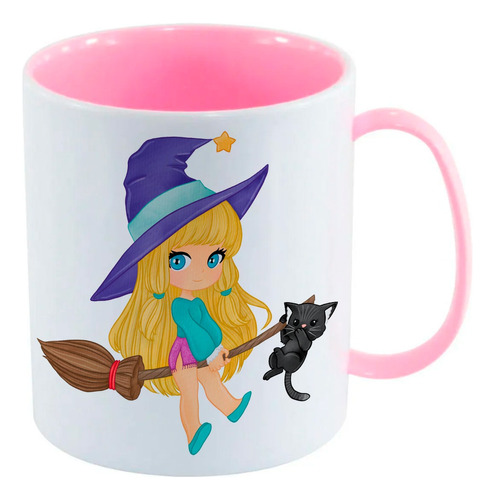 Caneca Infantil Rosa Bb Bruxa Vassoura Gato Preto Halloween