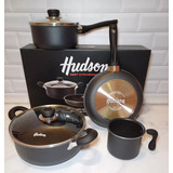 Batería Hudson Negro Juego De Cocina Set Ollas Teflón Doble 