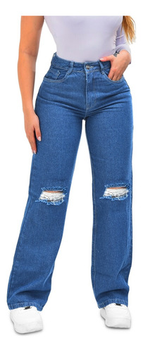 Calça Feminina Jeans Premium Wide Leg Com Rasgos Destroyed