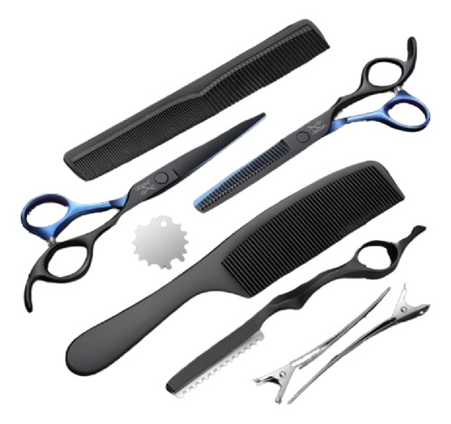 Kit Para Peluquería Jason, Acero Inox, Negro Y Azul, 10 Pcs