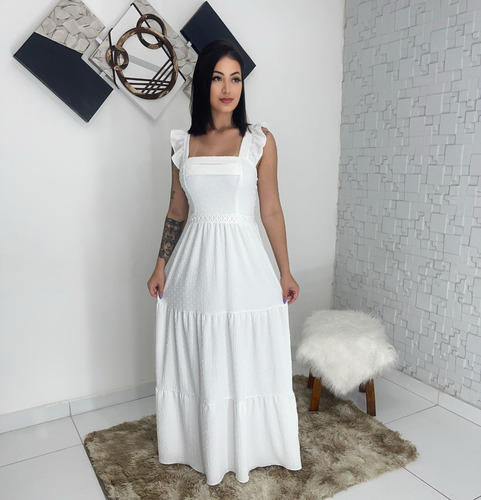 Vestido Longo Luxo Com Babada Na Mangas E Reda Na Cintura