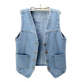 Chaleco Jeans Mujer Simple Cuello En V Un Solo Pecho