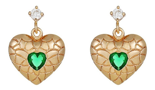 Aretes Oro 18k Lam Swarovski Verde Corazón Colgante Mujer