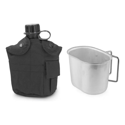 Cantimplora Anfora Táctica Militar Con Vaso Taza Aluminio Campismo Senderismo Alpinismo Viaje Deportiva Paintball Cacería Color Negro Protactical®