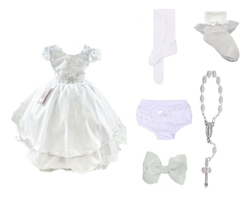 Kit Vestido De Batizado Menina Branco + Acessorios Luxo